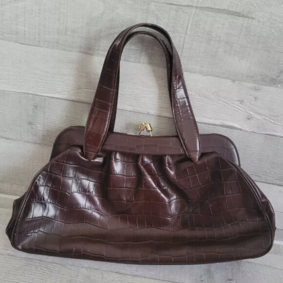 Banana Republic Brown Leather Crocodile Embossed Top Handle Purse - Picture 1 of 8
